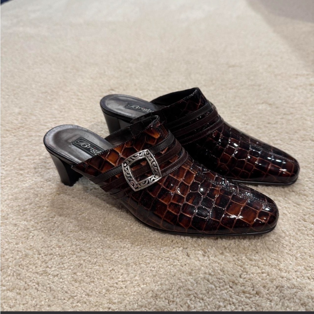 Brighton Brown Crocodile Pattern leather Mules with Silver Buckle